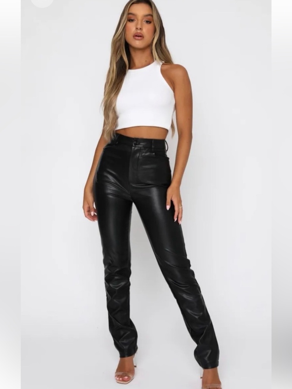 White Fox You’ve Got It Black Vegan Leather HR Pants Sz Medium NWT